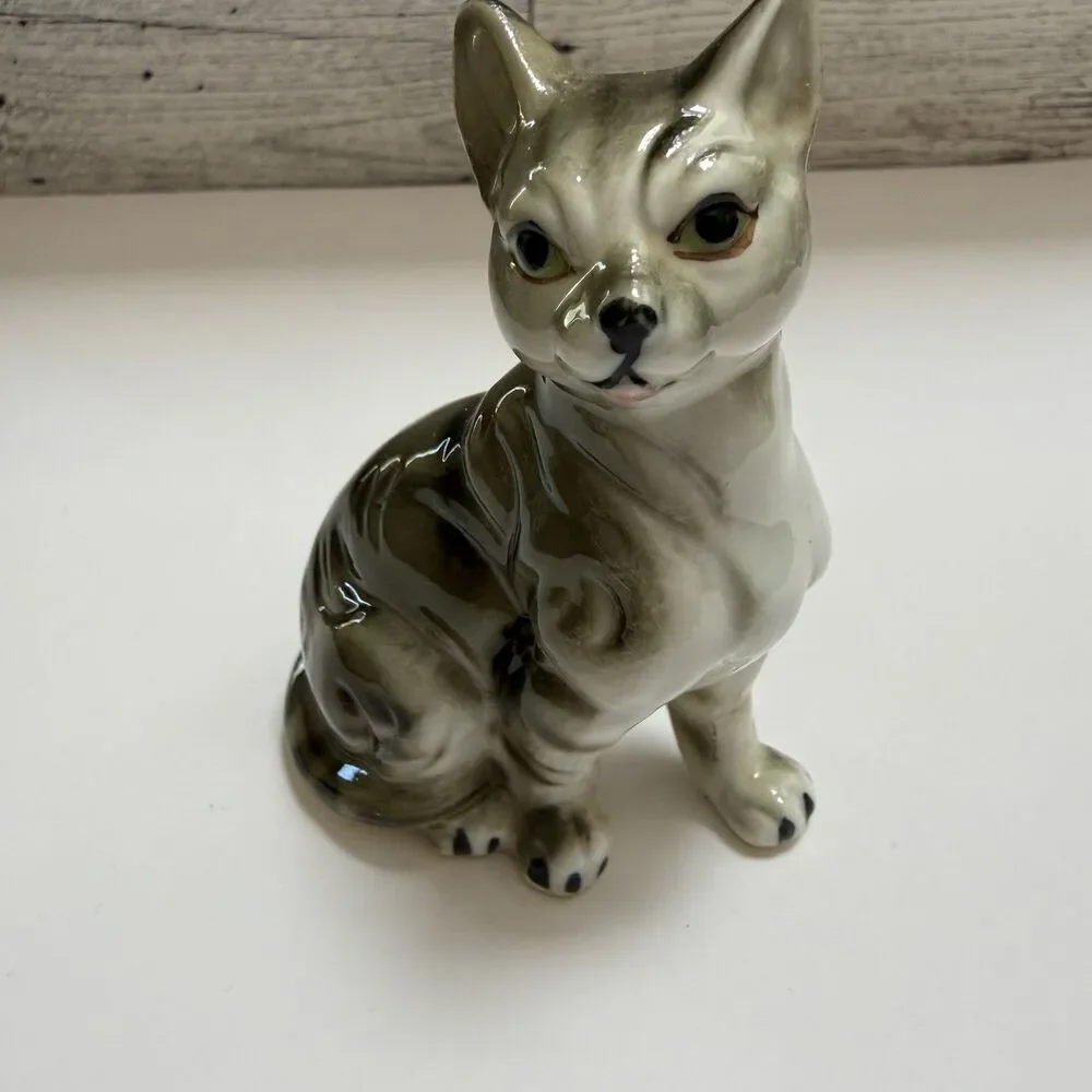 Vintage Bone China Gray Tabby Cat Kitty Figurine MCM